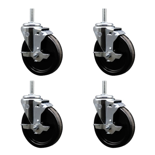 5 Inch Phenolic Wheel Swivel 34 Inch Threaded Stem Caster Set with Brake SCC